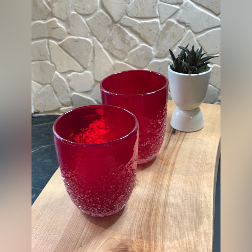 RED BLOWN GLASS OVERSHOT | Set of 2 | Double Old Fashion Tumblers